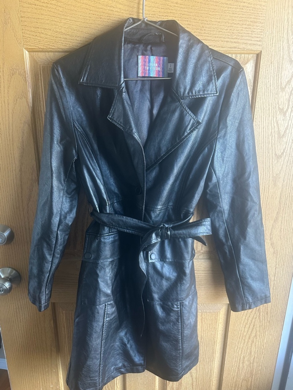 Black Faux Leather Belted Trench Coat